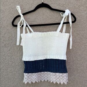 English Factory White & Navy Smocked Tie-Shoulder Lace-Trim Tank